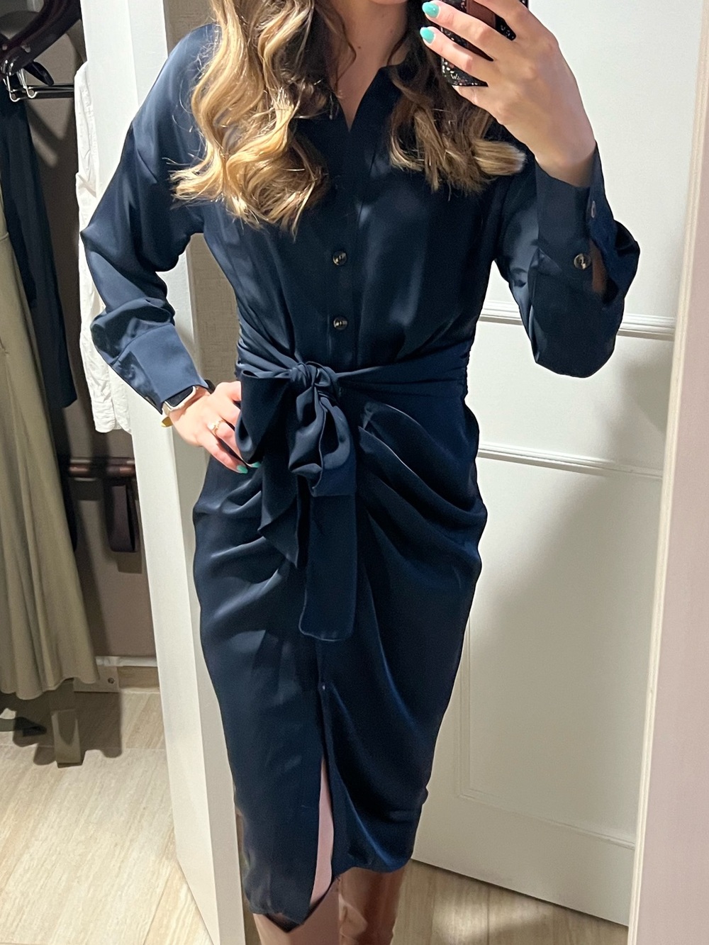 Button-Front Navy Shirt Jumpsuit with Waist Tie